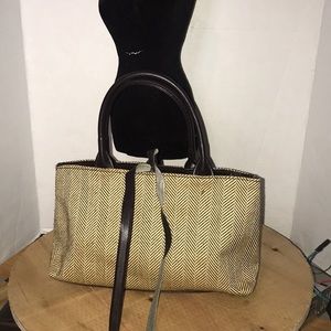 Estee Lauder Brown & Beige Fabric PVC Small Hand Purse For Women